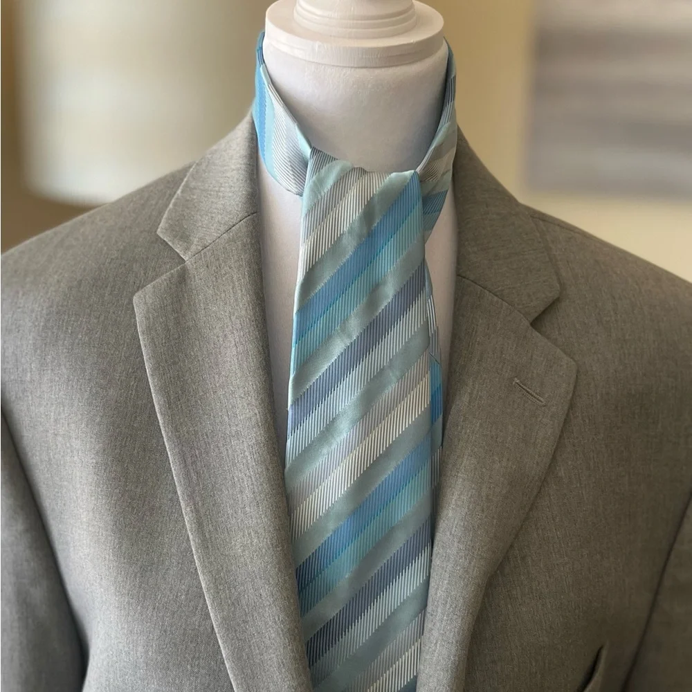 BCBG Striped All Silk Neck Tie - Aqua and Gray